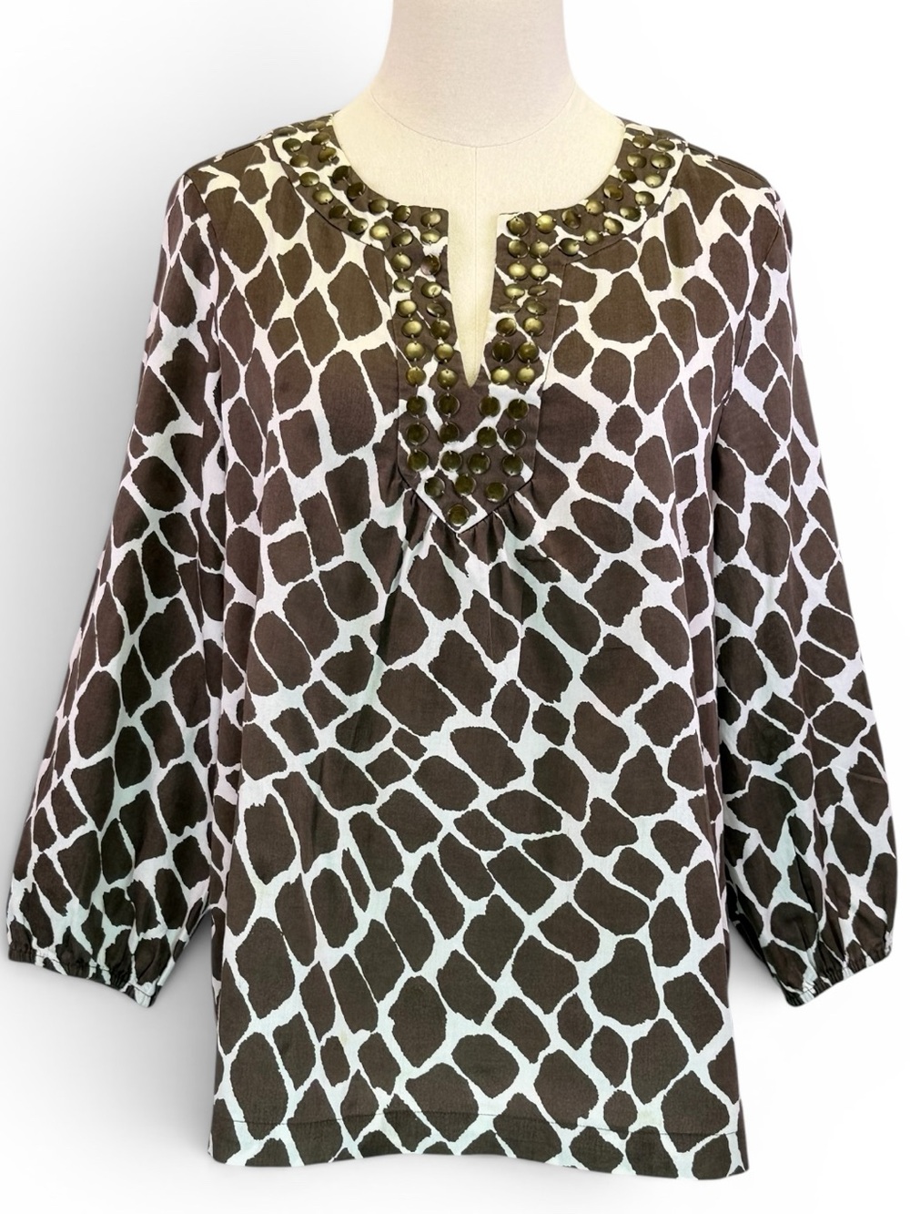 Josephine Women's Brown White Giraffe Print Studded Neckline Tunic Top Size‎ 12